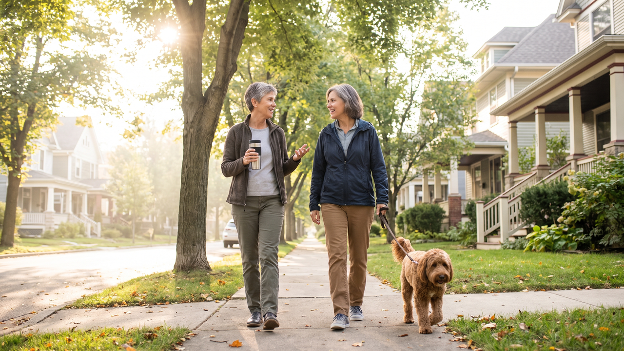 Physician couple in their 60s talking through retirement plans on a sunny morning neighborhood walk
