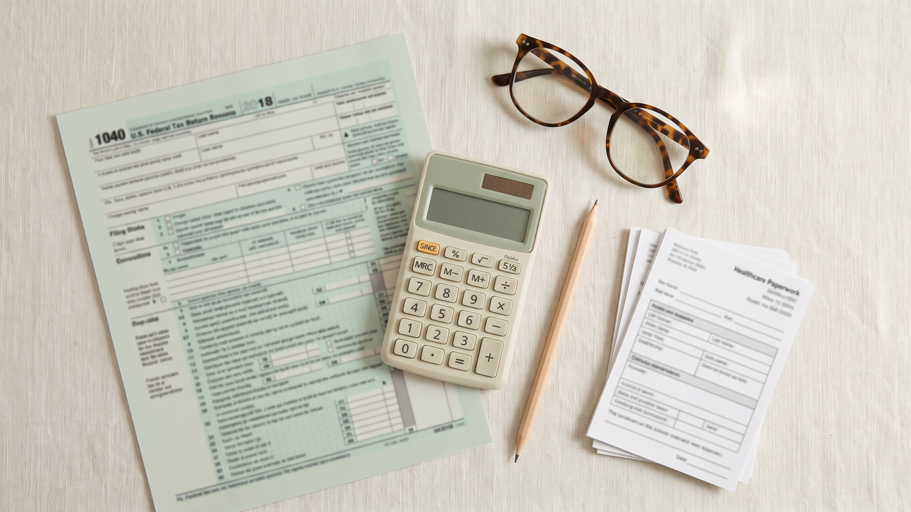 Overhead view of a tax return, calculator, reading glasses, and healthcare paperwork arranged on a light tabletop