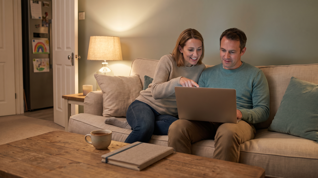 Physician couple on a couch reviewing their year-end tax checklist together on a laptop in the evening