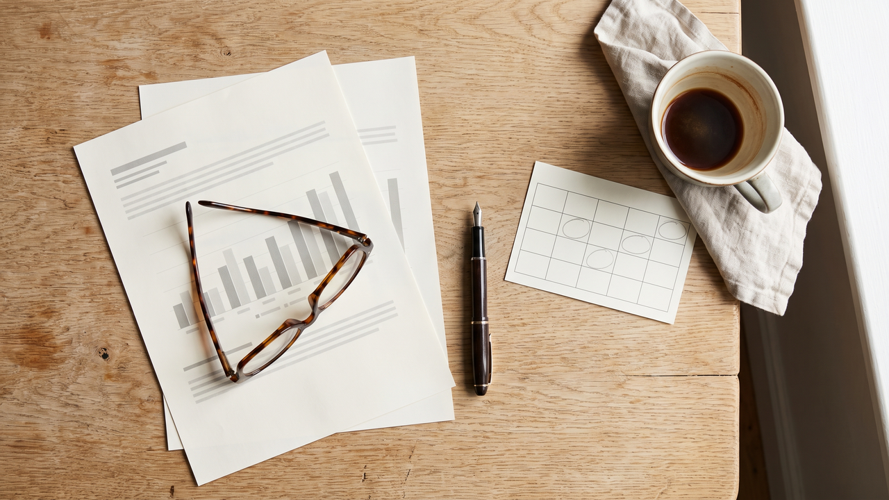 Overhead view of account statements, reading glasses, a pen, a coffee cup and a ten-square calendar on a wooden table
