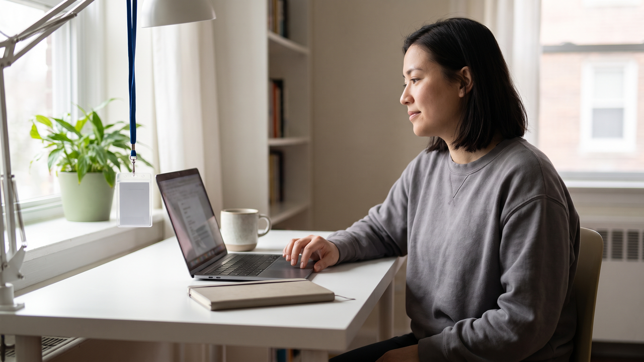 Medical resident reviewing student loan details on a laptop at a home desk in morning light
