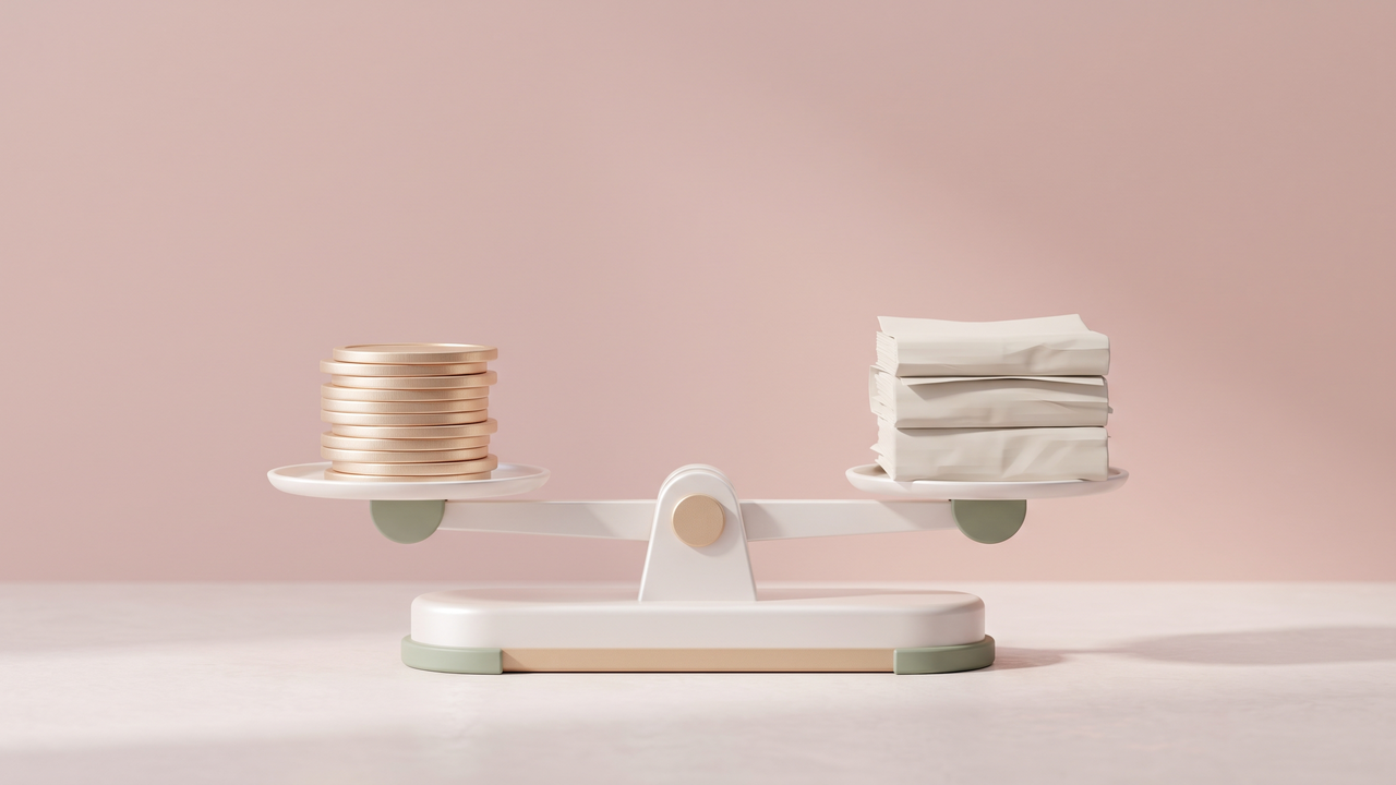 Minimal 3D balance scale weighing a stack of coins against a loan balance, illustrating the trade-off between paying off student loans and investing