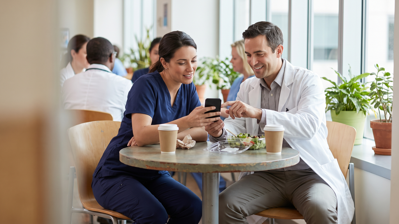Two physicians chatting in a sunny hospital break room while one shows the other something on a phone