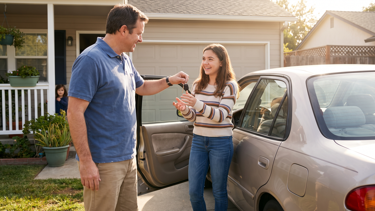 A parent hands a teenage daughter her first set of car keys in a sunny driveway