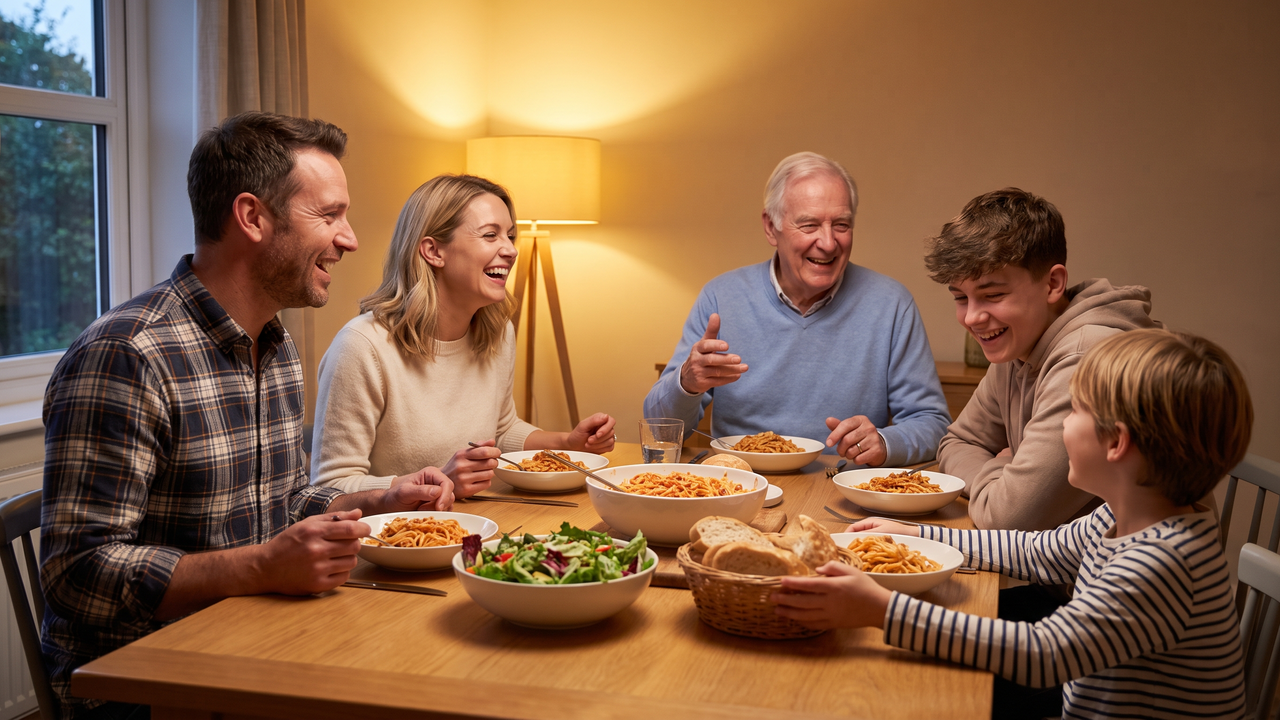 Physician parents, their two children, and grandparents laughing together over a family dinner at home