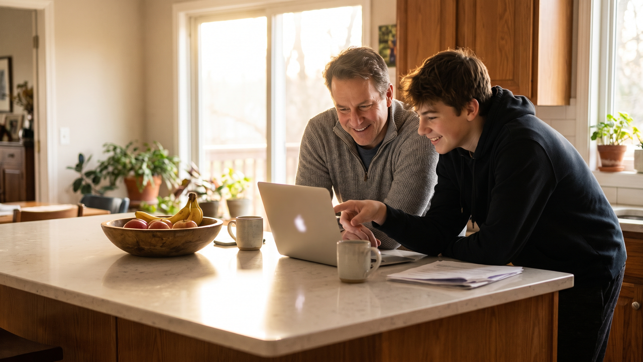 Physician parent and teenager looking at a laptop together at a kitchen island on a weekend morning