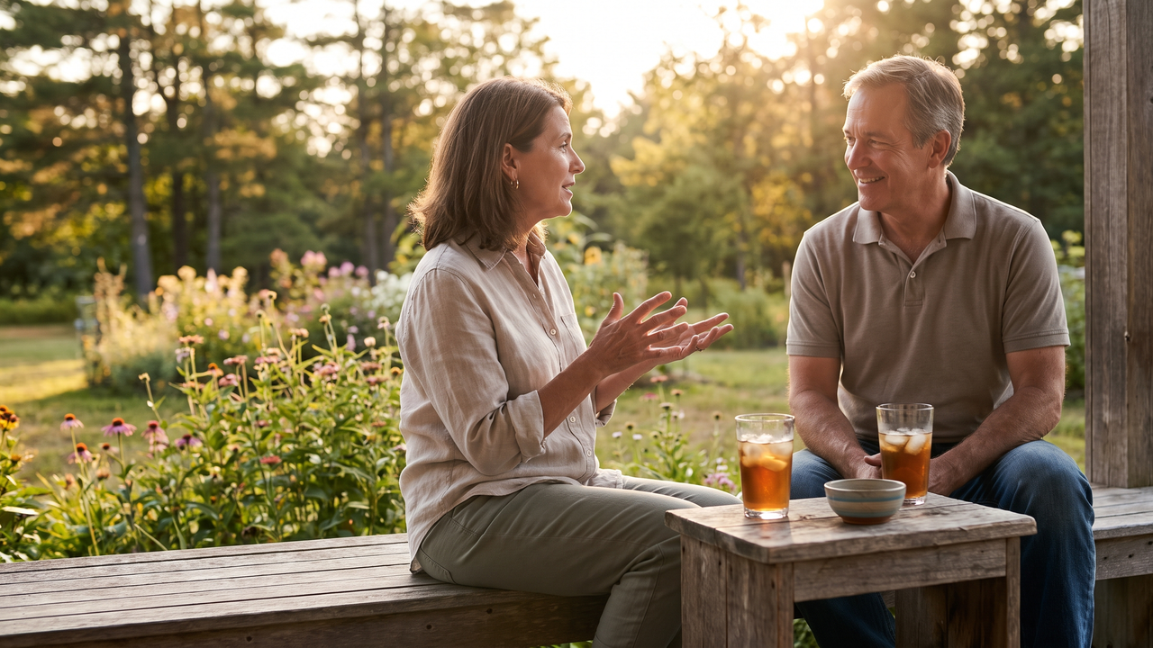 Couple in their late 50s talking on a back porch at golden hour about long-term care plans