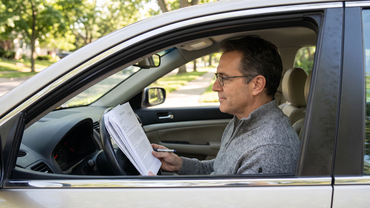 Physician calmly reading an employment contract in a parked car on a sunny afternoon