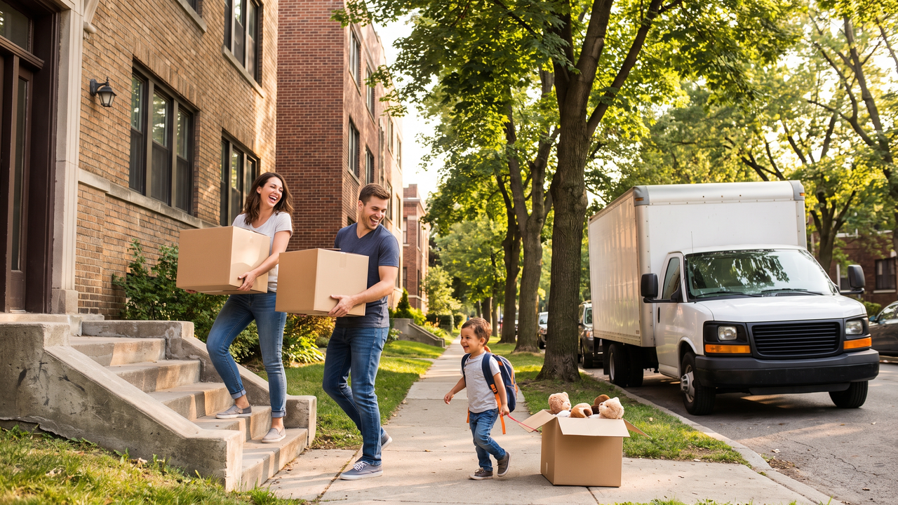 Young family carrying moving boxes into a new apartment building on a sunny day after relocating for fellowship