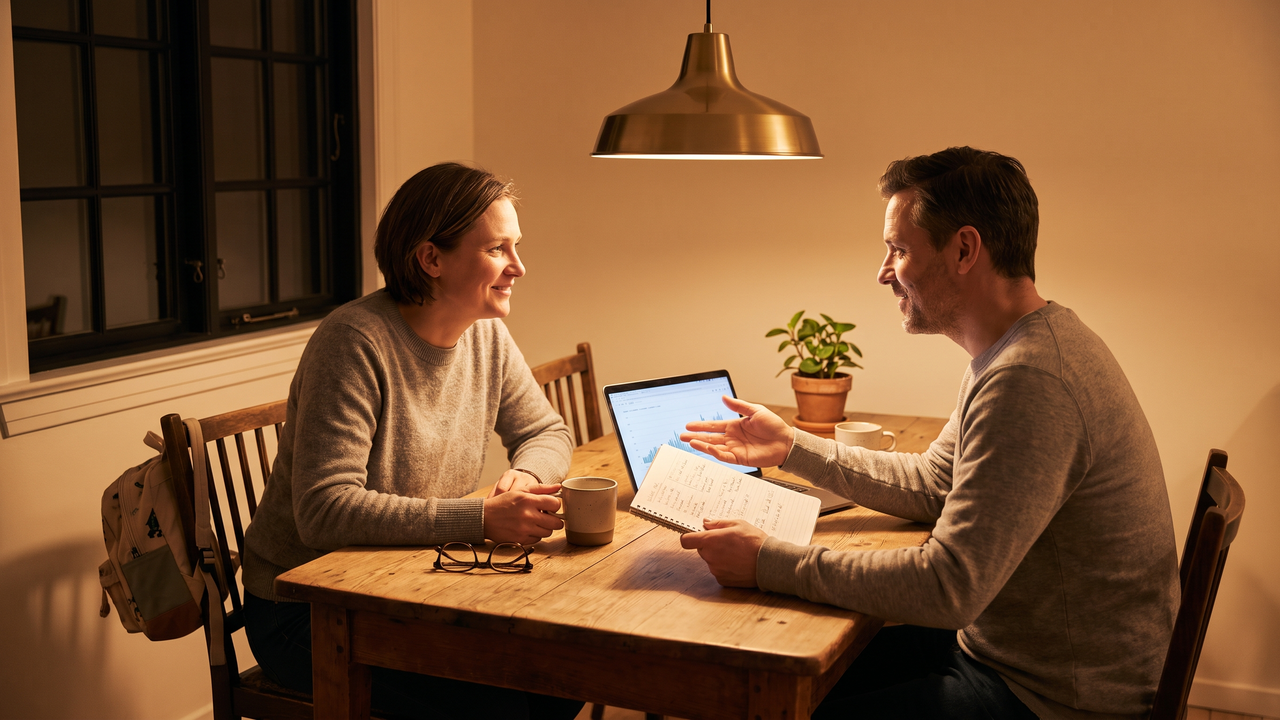 Physician couple reviewing household finances together at a dining table in the evening with a notebook and laptop