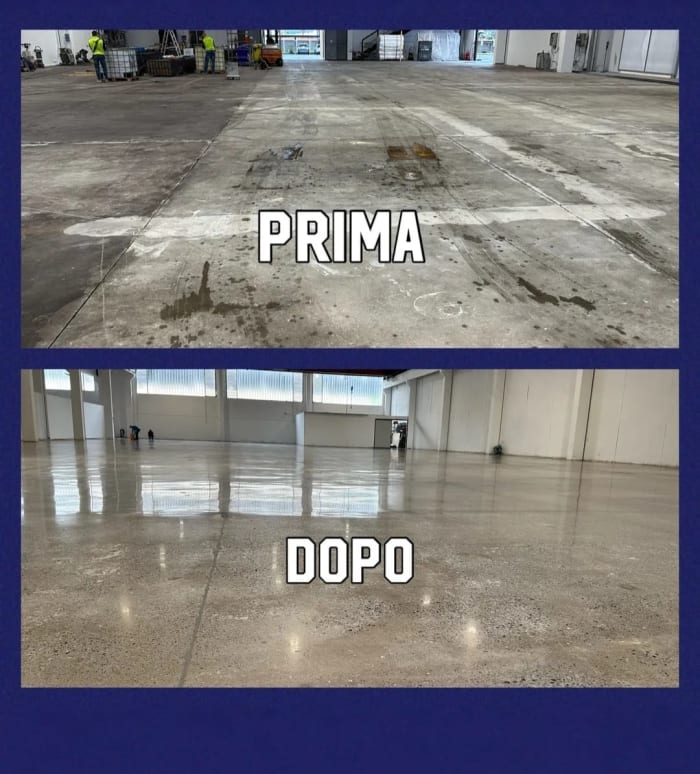 Pavimento industriale prima e dopo la pulizia