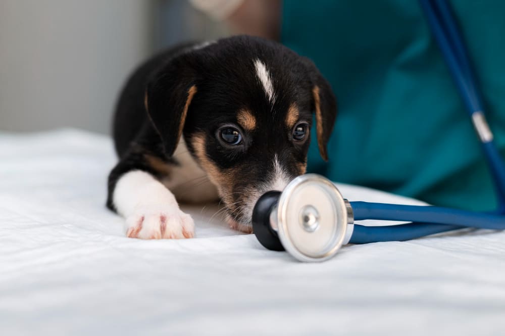Cucciolo di cane con stetoscopio durante una visita veterinaria