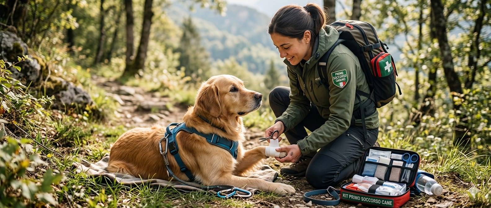 Escursionista presta primo soccorso alla zampa del proprio cane con un kit dedicato, su un sentiero di montagna
