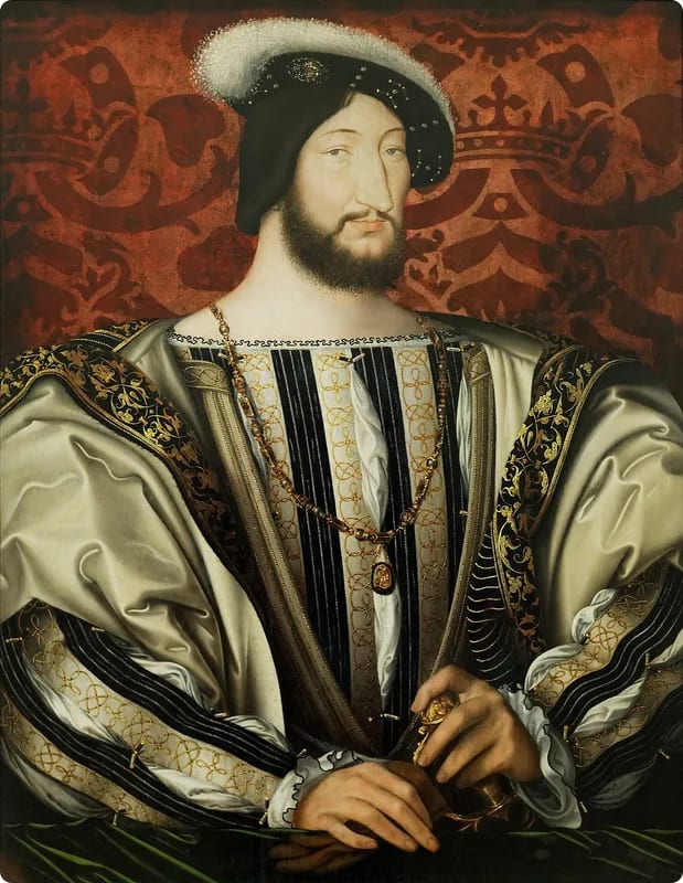 Portrait of a man in elaborate Renaissance attire, featuring a black hat with a white feather, a gold chain, and a richly decorated robe against a red patterned background.