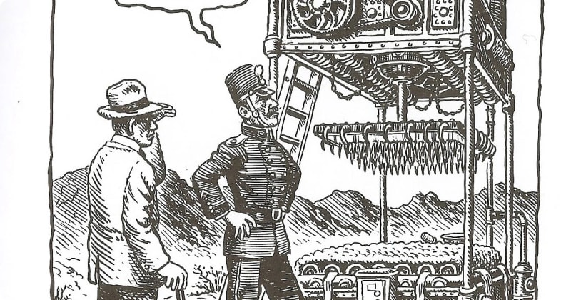A cartoon illustration depicting two men, one in a military uniform and the other in a hat, observing a large, complex machine with gears and spikes in a mountainous landscape.
