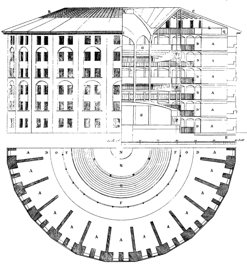 Architectural drawing showing a cross-section and plan of a multi-story building with arched windows and a circular layout at the base.