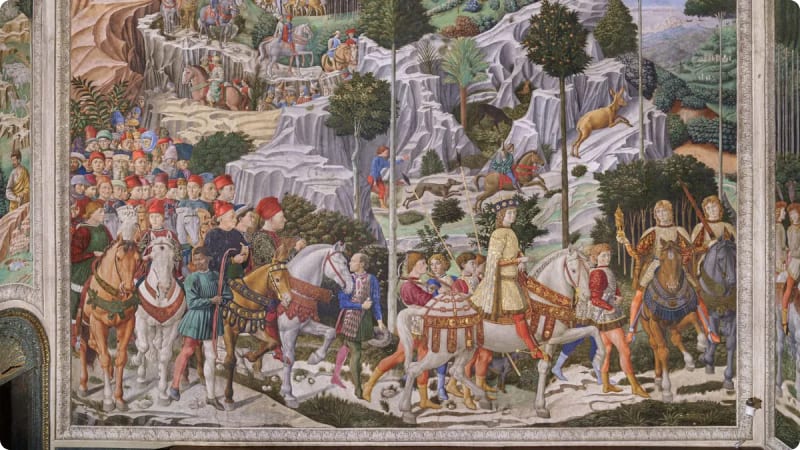A detailed fresco depicting a procession of figures on horseback and on foot, set against a mountainous landscape with trees and rocky formations.