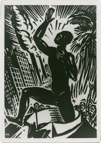 A black and white linocut print depicting a muscular figure raising one arm in a triumphant pose, surrounded by stylized buildings and palm trees, with smoke billowing in the background.