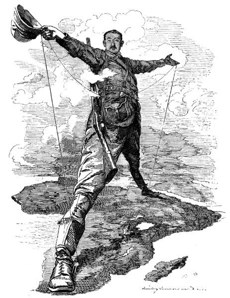 A satirical illustration of a soldier standing on a map, manipulating strings attached to his limbs, symbolizing control over territory.
