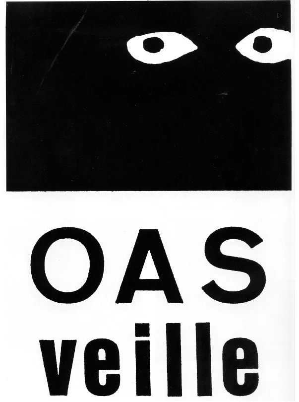 Black and white graphic featuring two stylized eyes above the text "OAS veille."