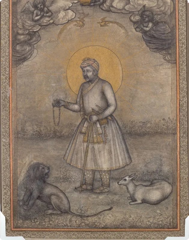 A historical figure in traditional attire stands in a serene landscape, holding a string of beads, with a lion and a deer at his feet, surrounded by clouds and angels above.