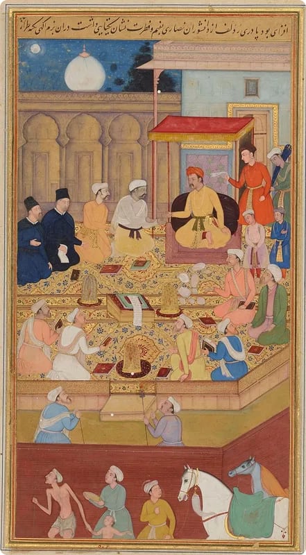 A historical painting depicting a royal court scene with a seated ruler, surrounded by attendants, scholars, and musicians, set in an ornate interior with intricate patterns and a moonlit sky visible through a window.