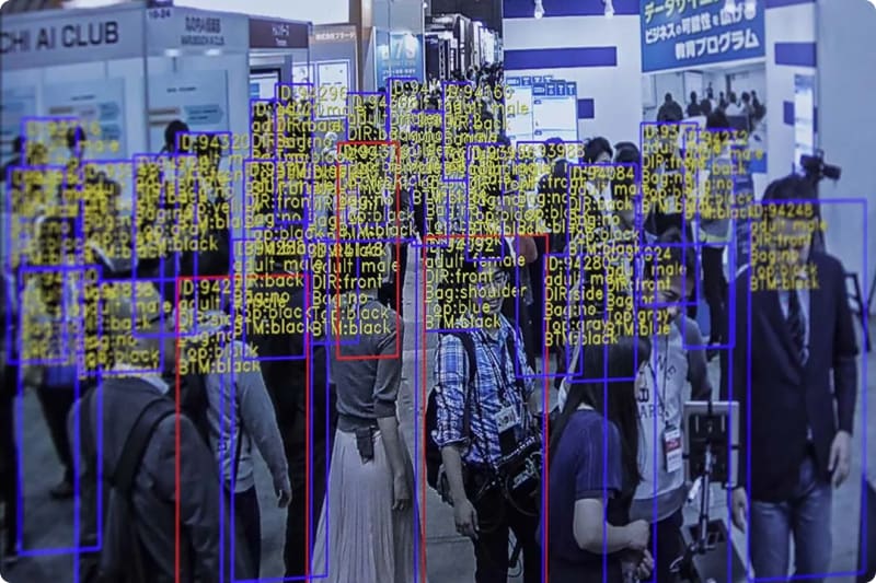A crowded exhibition hall with people wearing various outfits, overlaid with yellow text and blue bounding boxes indicating detected individuals and their attributes.