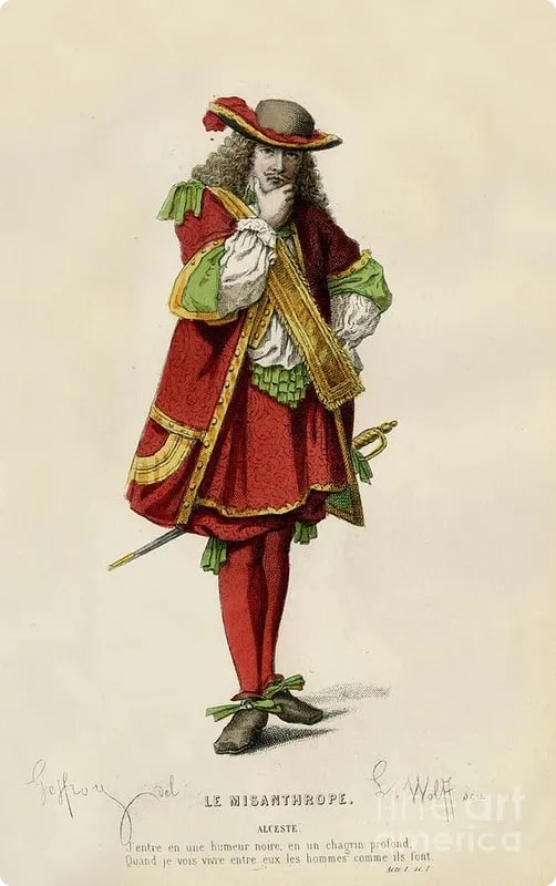 A man dressed in 17th-century French attire, featuring a red coat with gold trim, a white shirt, and a large hat, stands confidently with a musical instrument.
