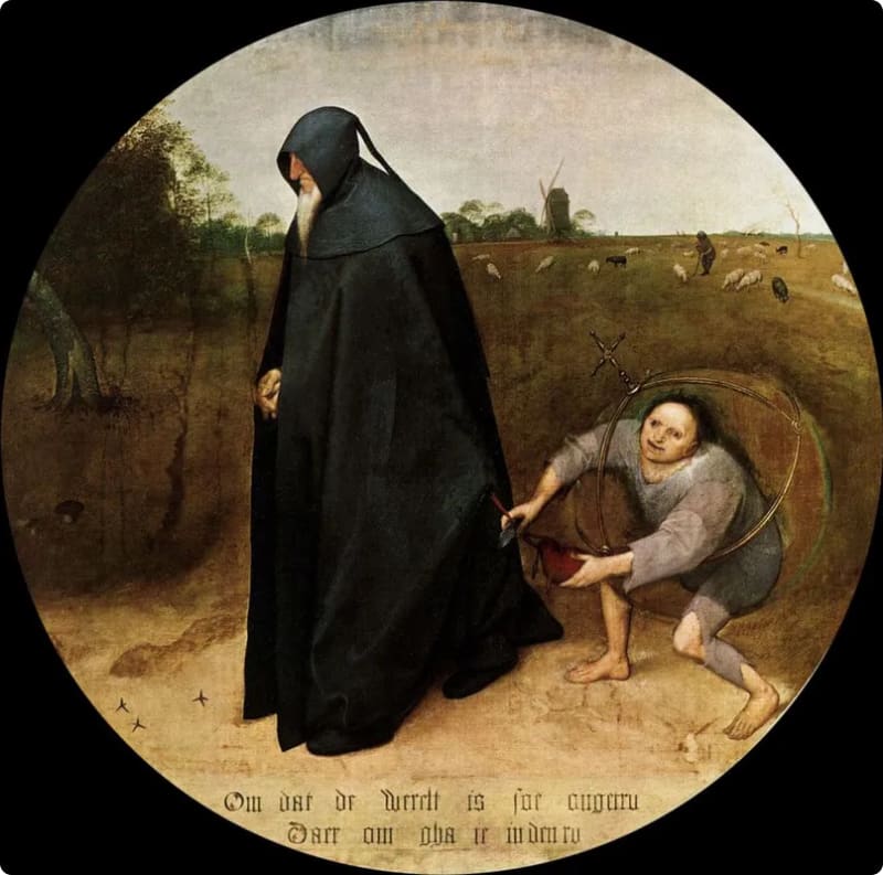 A cloaked figure with a long beard walks away from a crouching, grotesque man holding a bag, set against a rural landscape with sheep and a windmill in the background.