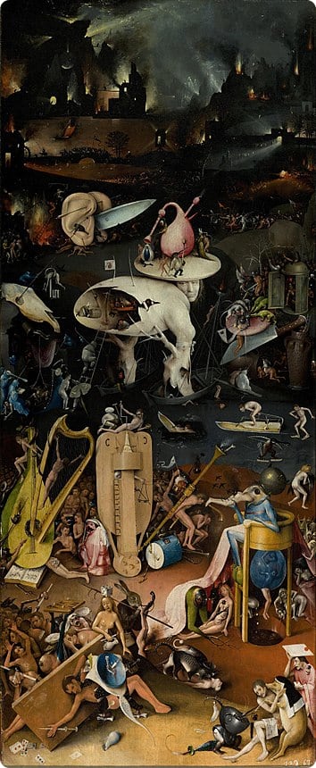 A detailed depiction of Hieronymus Bosch's "The Garden of Earthly Delights," showcasing surreal scenes of paradise, earthly pleasures, and hellish torment across three panels.