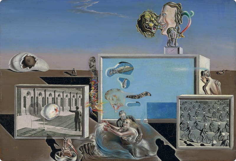 A surreal painting featuring various fragmented scenes, including distorted figures, a blue background, and elements like an egg, a woman in water, and abstract shapes.