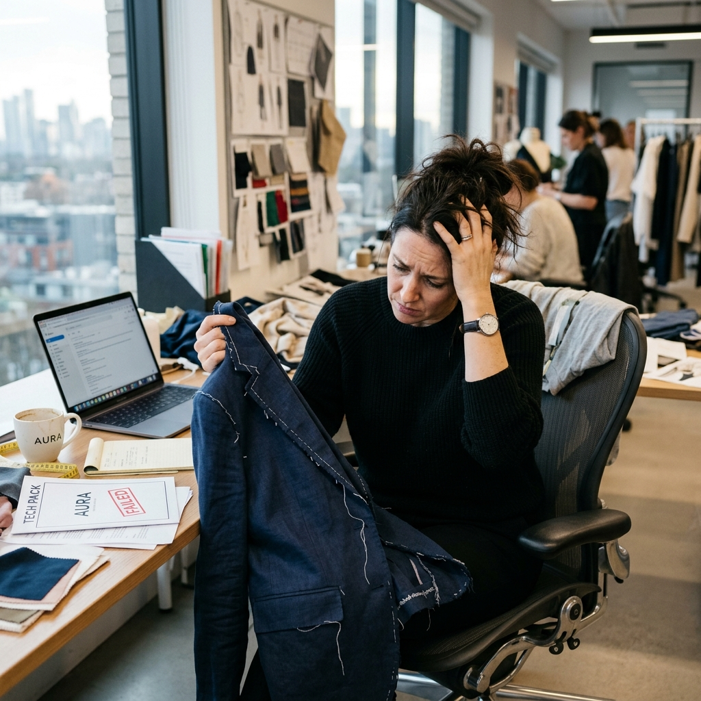 Stressed founder looking at defective samples