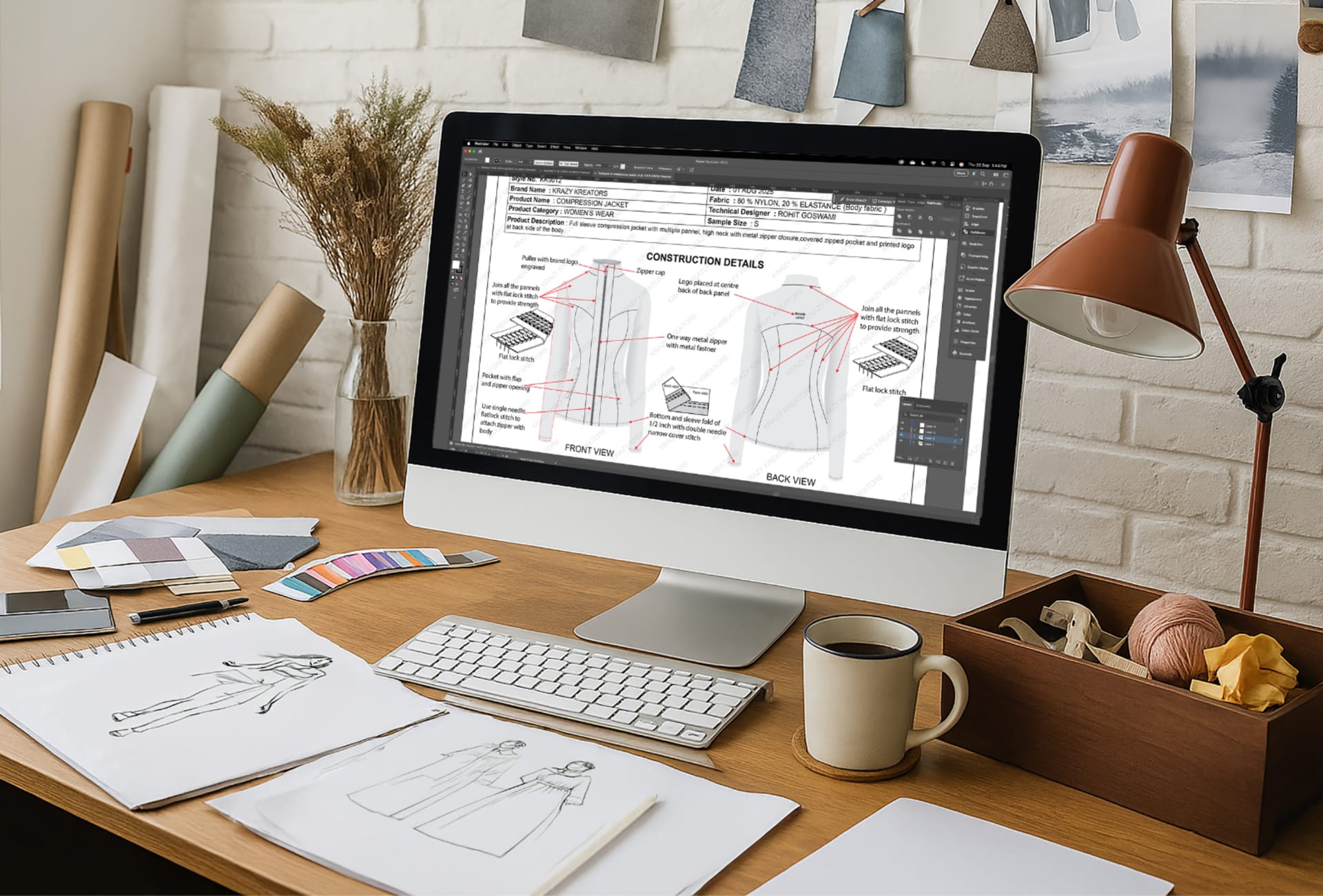 Tech pack for fashion production displayed on a designer's screen