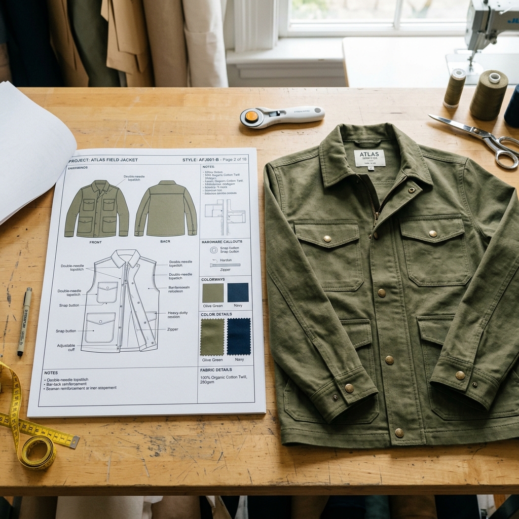 Fashion tech pack document next to garment sample