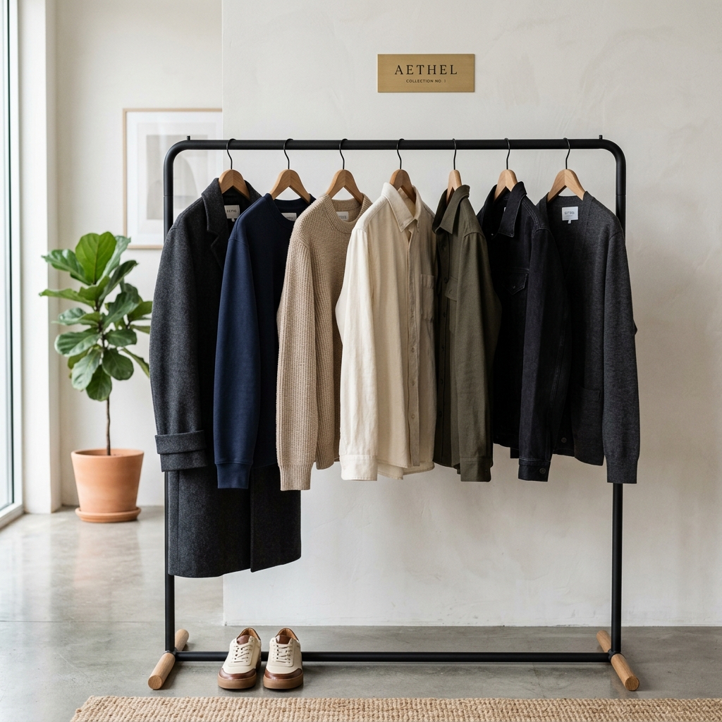 Minimal curated clothing rack showcasing new brand