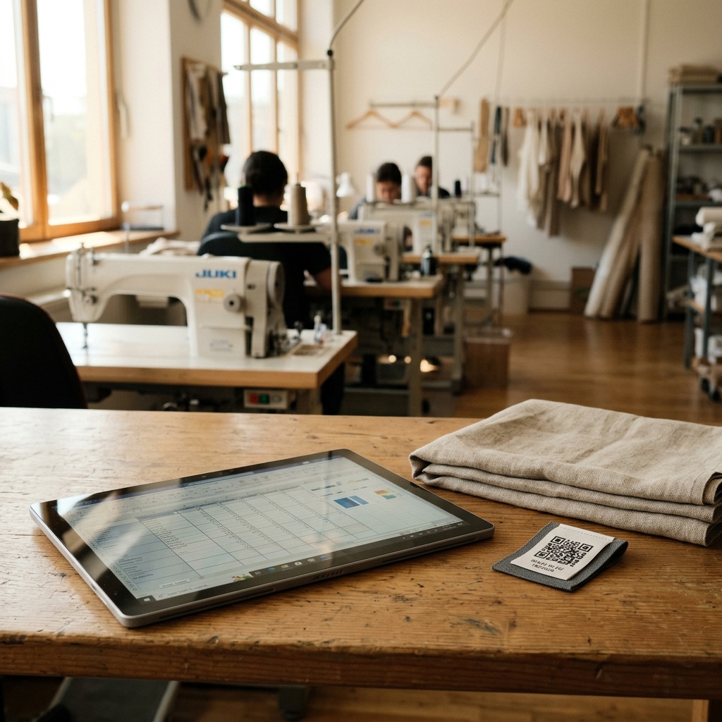 Per-lot production record tablet showing structured traceability data inside an Indian apparel unit