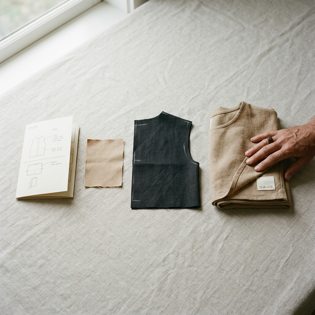 On-demand production flow from tech pack to finished garment laid out on a workbench