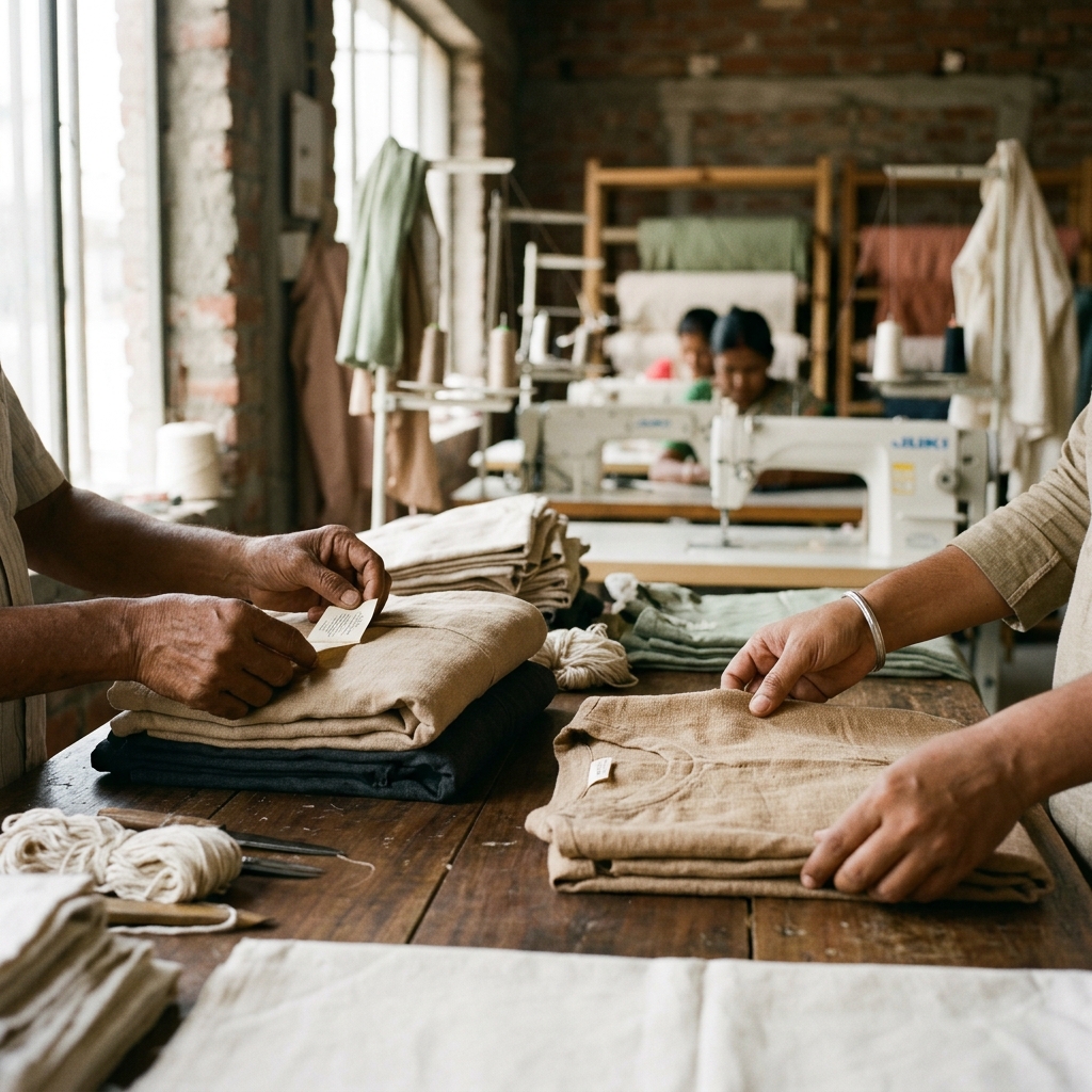 Artisan hands finishing a small batch of garments under the Zero MOQ on-demand model