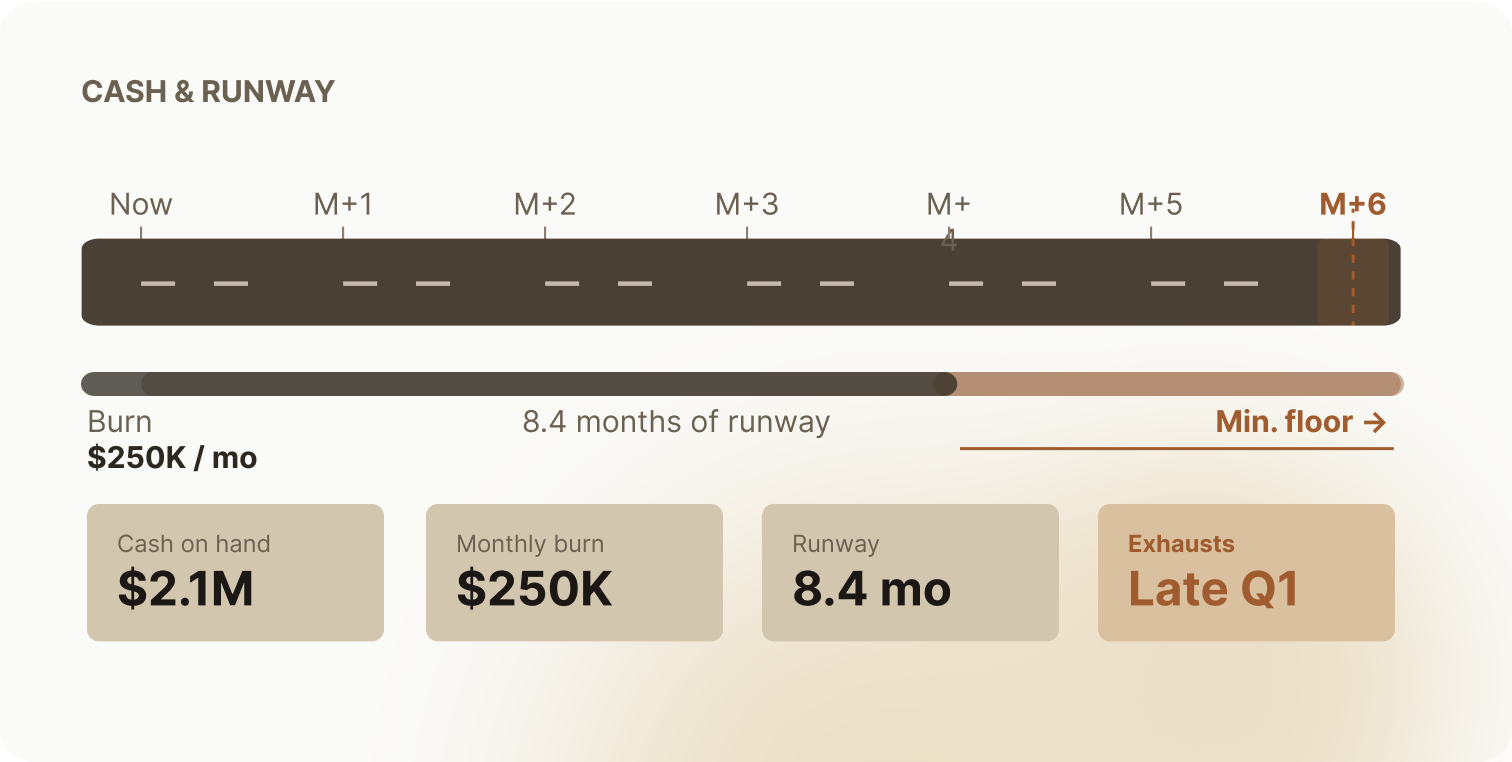 Cash and runway dashboard: 8.4 months runway, $250K monthly burn, $2.1M cash on hand