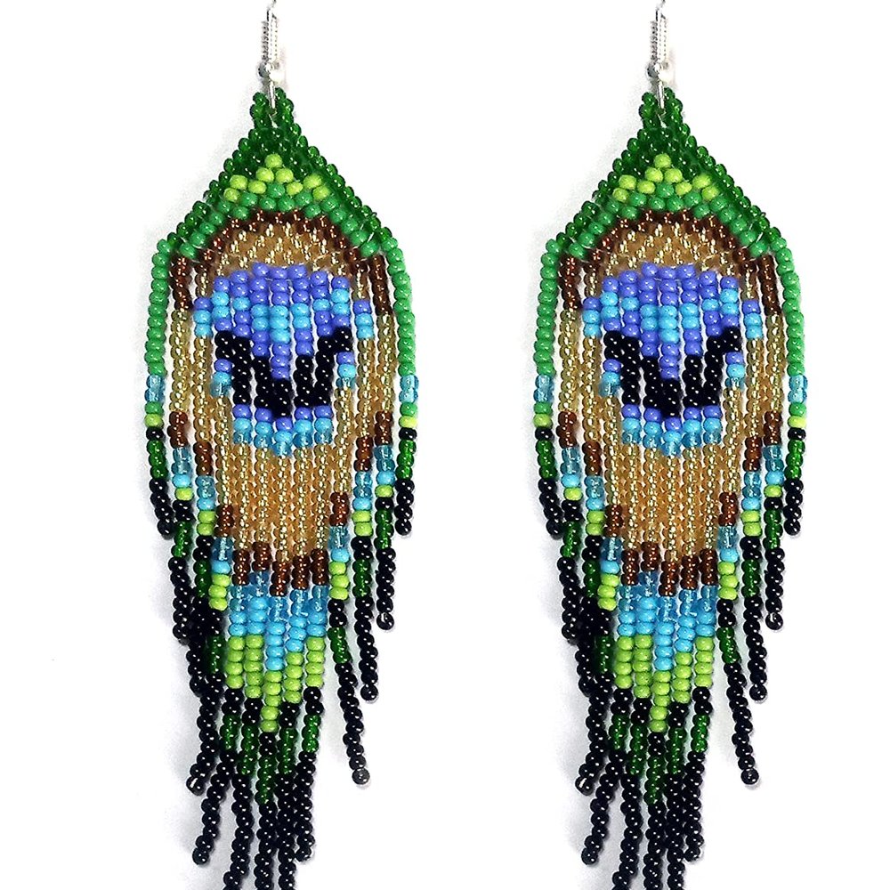 Peacock Feather style beaded earrings - Image 1