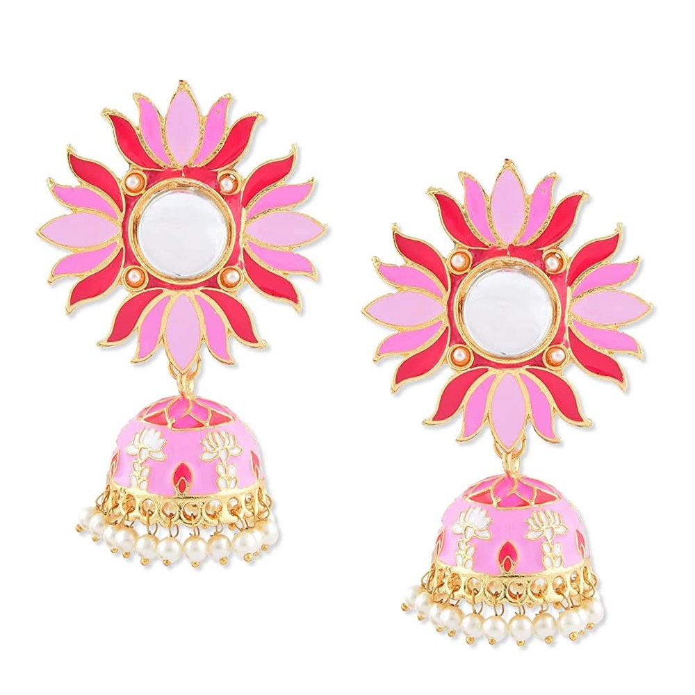 Pink Lotus Meenakari Jhumki Earring - Image 1