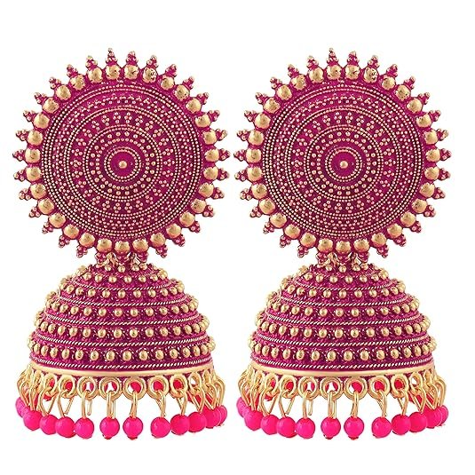Traditional Gold Plated Floral Golden Pink Jhumkas - Image 1