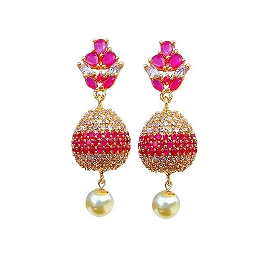 Pink and White American Diamond Jhumki - Image 1
