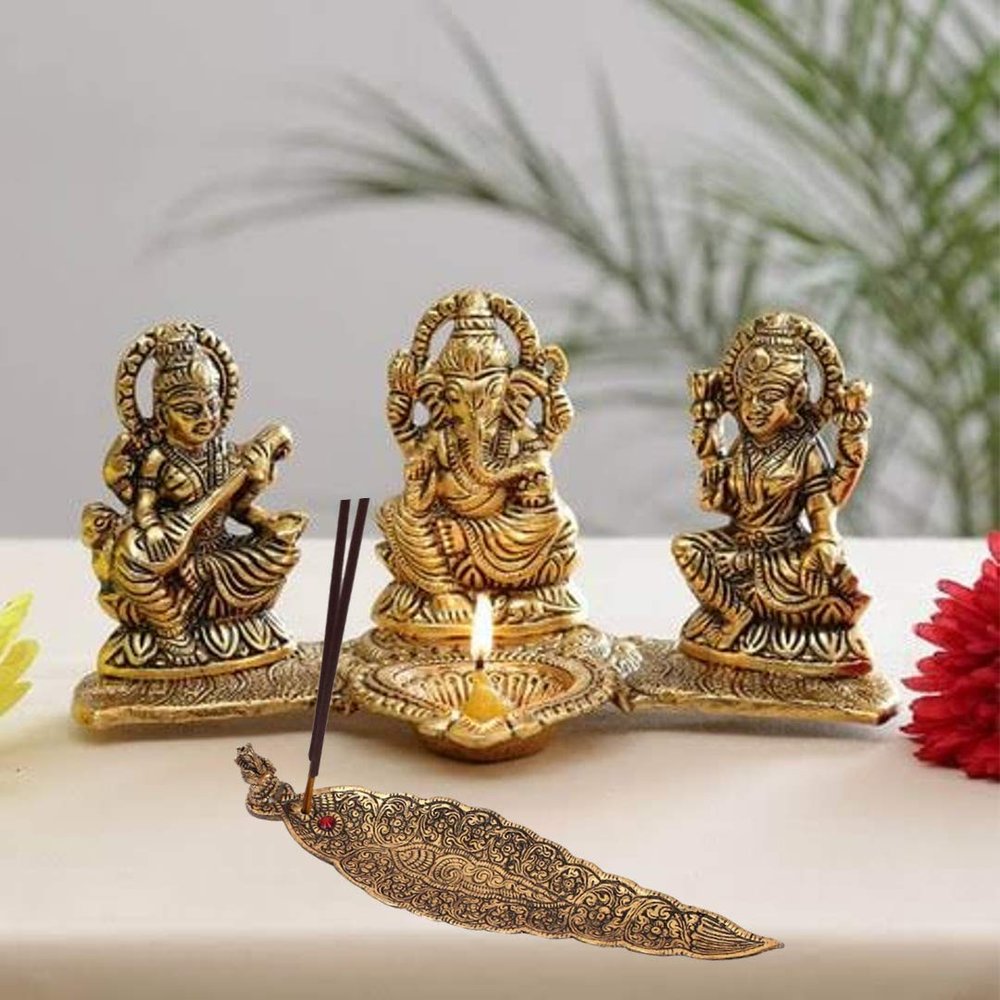 Laxmi Ganesh Saraswati Diya and Agarbatti Stand - Image 1