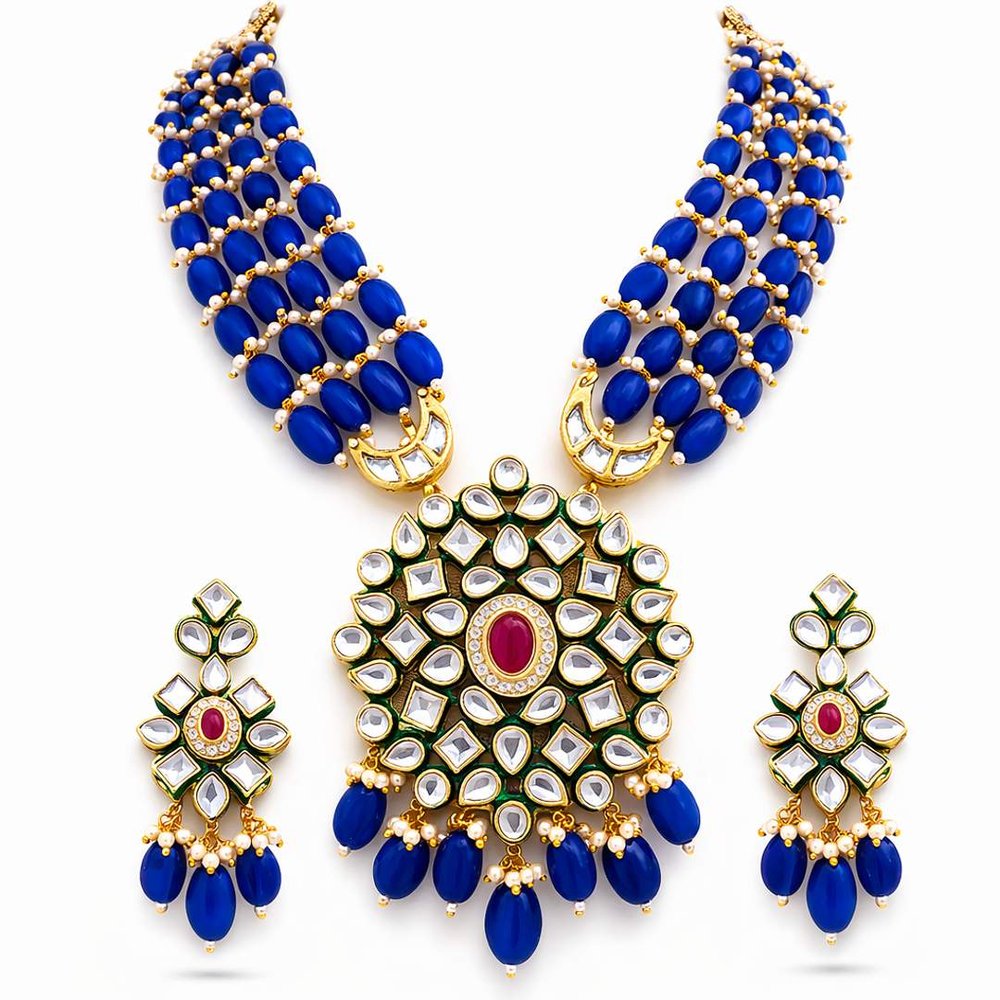 Royal Blue Kundan Pearl Statement Haram Set - Image 1