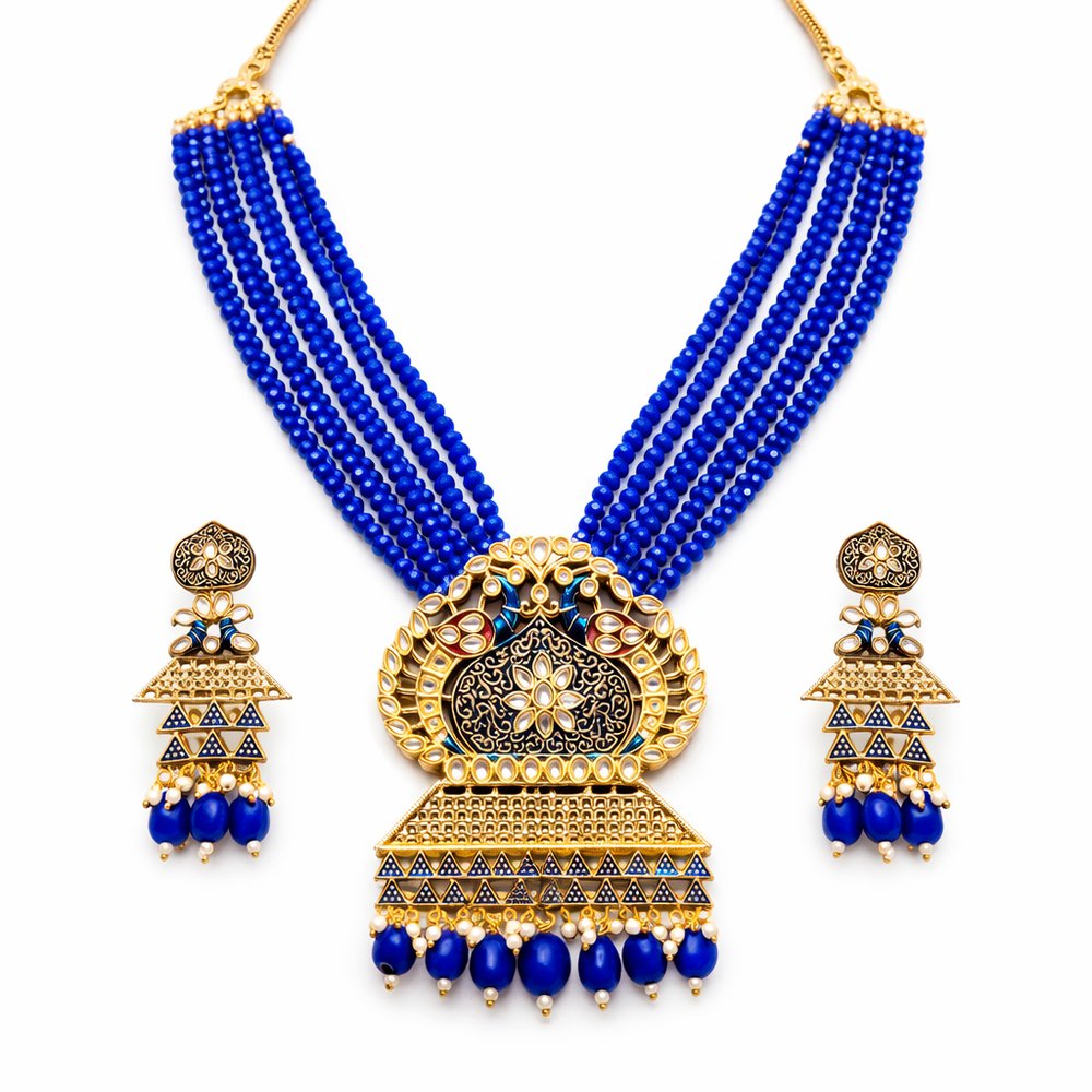 Royal Blue Tribal Crescent Statement Haram Set - Image 1