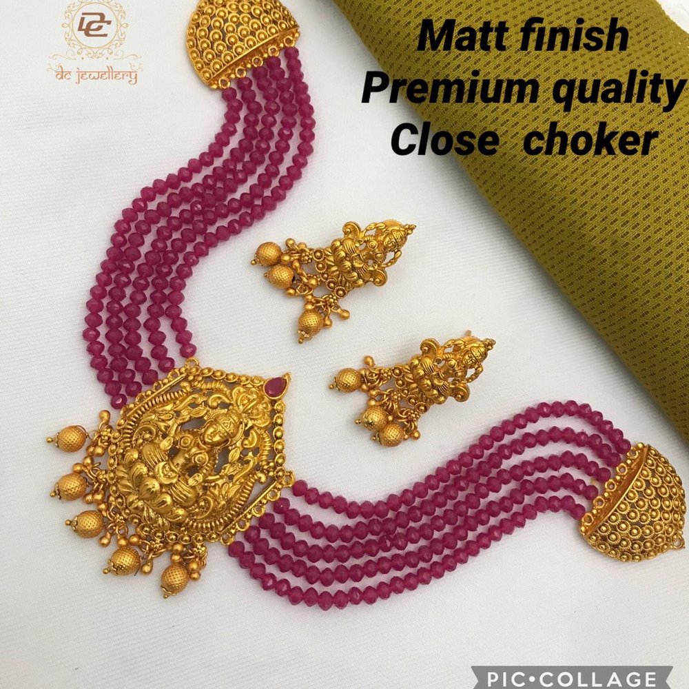 Matt Finish Lakshmi Ruby Bead Close Choker Set - Image 1