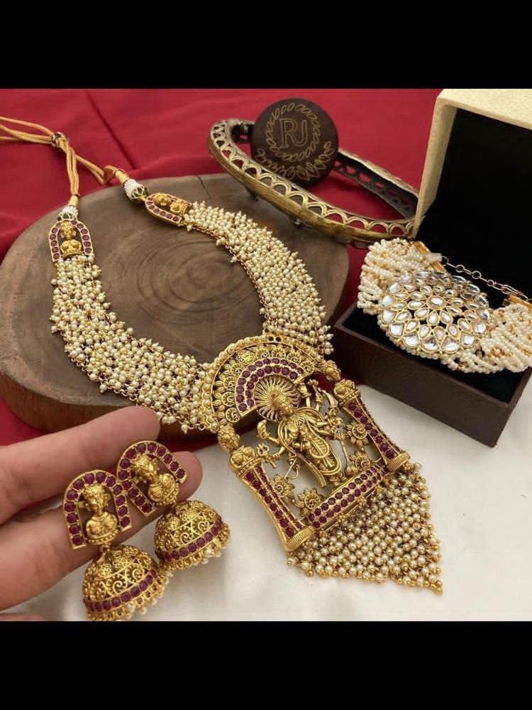 Antique Radha Krishna Pearl Temple Haram Set - Image 1