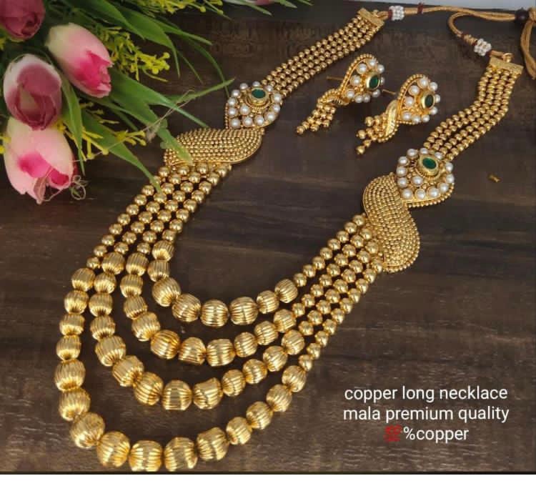 Antique Copper Beaded Long Mala Necklace Set - Image 1