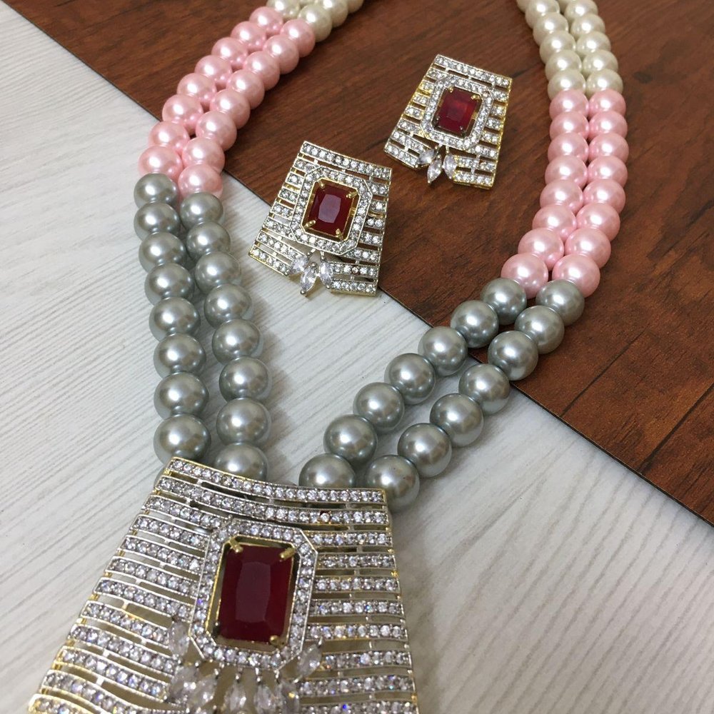 Dual Tone Pearl Statement Necklace Set with Ruby Pendant - Image 1